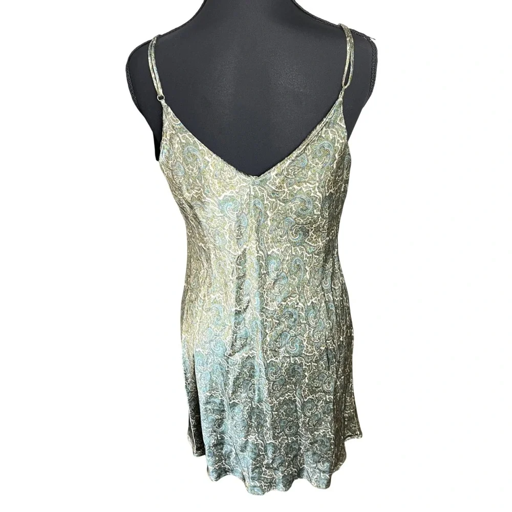Zara Green Paisley Print Vacation Viscose Slip Dress Size L Mini Ruched V-Neck - Picture 8 of 12
